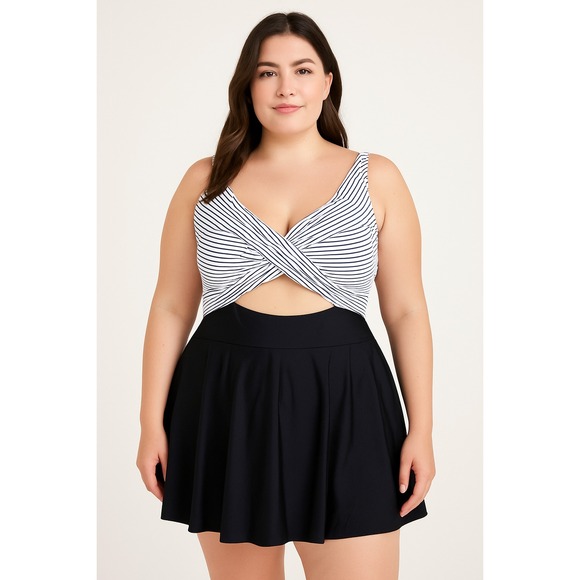 Womens Swim Dress Size XXL Navy White Stripe One Piece Retro Swim Nautical Beach - Picture 1 of 4